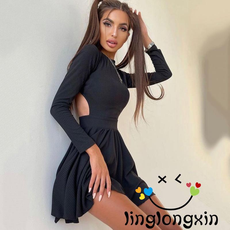 Đầm Ngắn Chữ A Tay Dài Cổ Thuyền Hở Lưng Màu Trơn Cho Nữ Linglongxi2-s