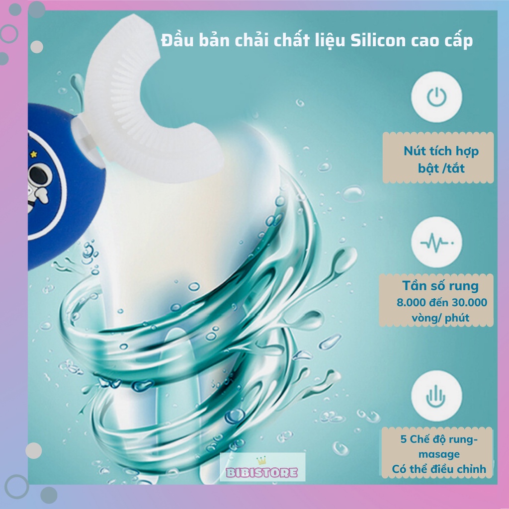 Bàn Chải Đánh Răng Điện Chữ U SiIicon Siêu Mềm Cho Bé,  Bàn Chải ĐiệnTrẻ Em Tự Động Cao Cấp 5 chế độ