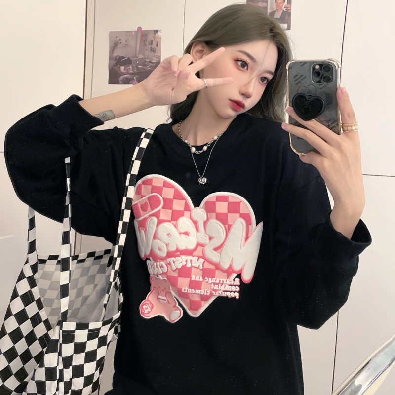 Áo Nỉ Cổ Tròn In Hình Trái Tim Ca Rô Thời Trang Dành Cho Nữ | BigBuy360 - bigbuy360.vn