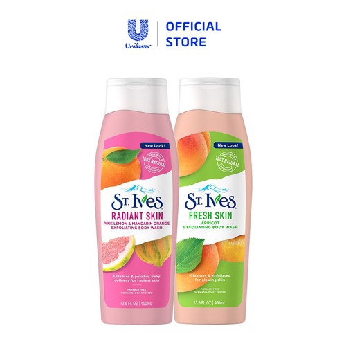 Bộ Sữa tắm làm sáng và thanh lọc da St.Ives: Hương Cam Chanh + Chiết Xuất Trái Mơ (400ml x 2)