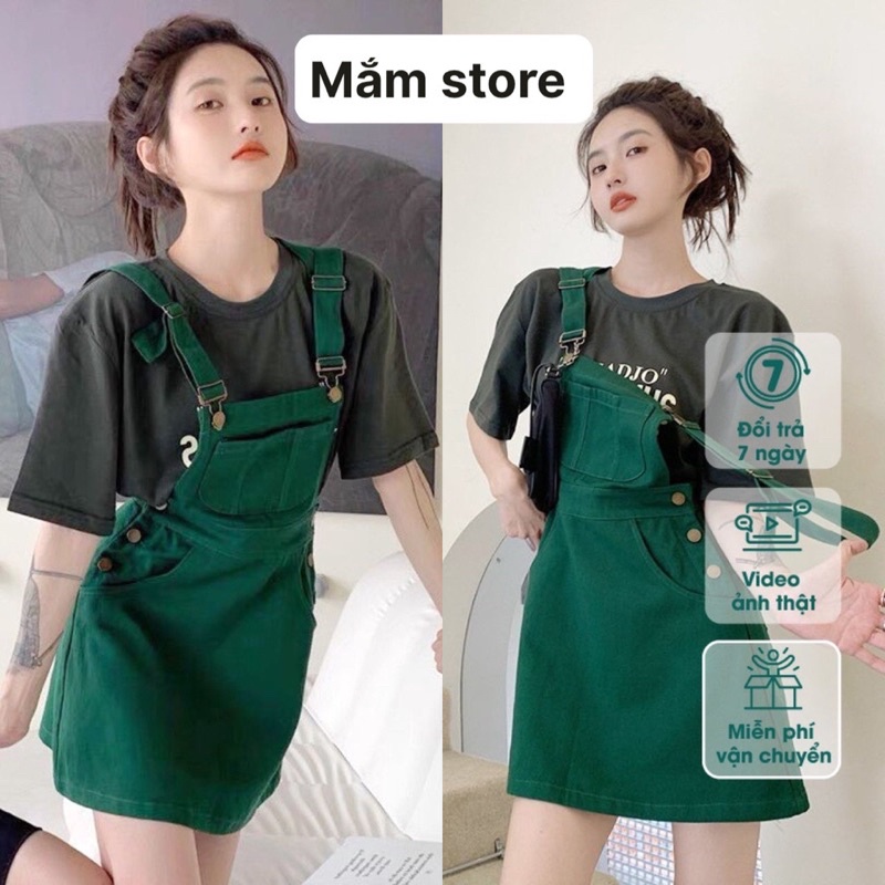 Yếm Váy Xanh Kaki Hàn Quốc, Siêu Trend, Freesize Dưới 62Kg, Có Quà Tặng Kèm