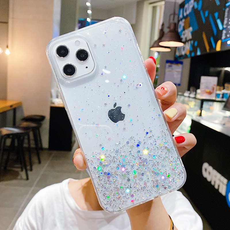 iPhone 12 Mini 11 Pro Max X XS Max XR SE 2020 7 8 6 6s Plus Ốp điện thoại nhựa dẻo phối kim tuyến cho