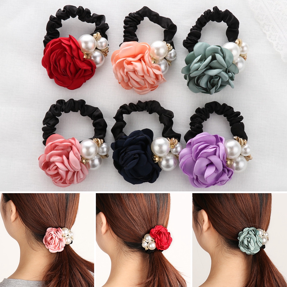 Dây cột tóc hoa hồng đính ngọc trai giả thời trang xinh xắn cho nữ