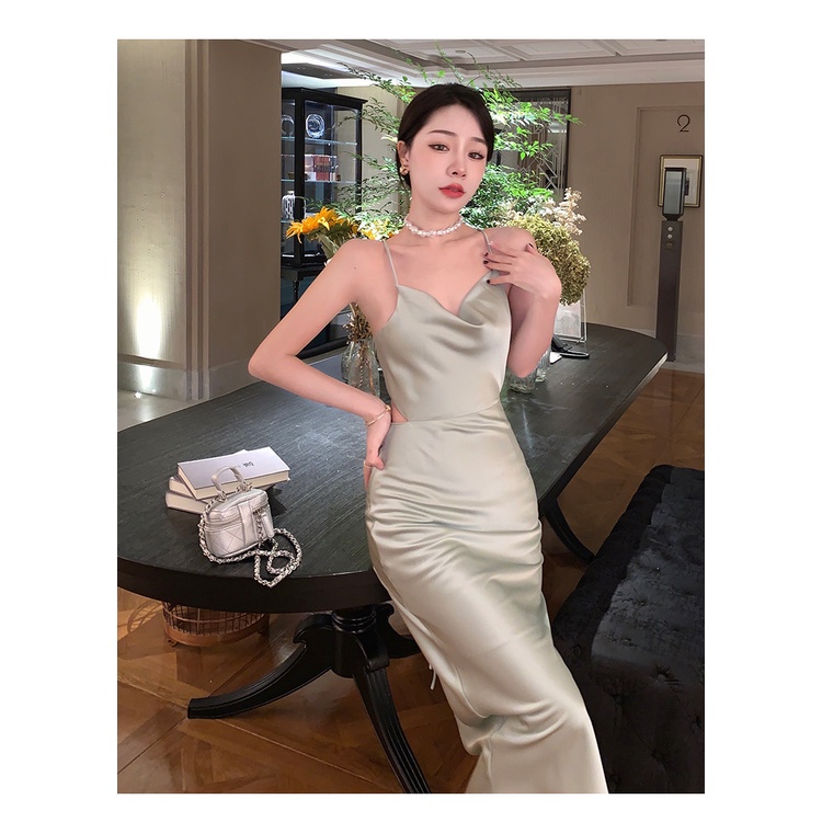Đầm midi lụa satin xanh ngọc dây cổ đỗ đan dây hở lưng gợi cảm Dayu