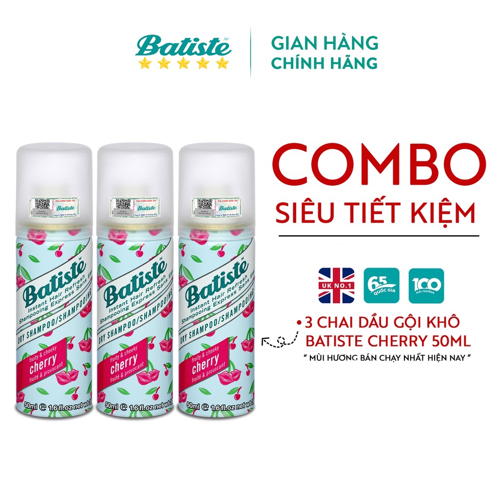 [COMBO SIÊU RẺ] 3 Chai Dầu Gội Khô Batiste Dry Shampoo Fruity &amp; Cheeky Cherry 50ml Nhỏ Gọn, Tiện Lợi