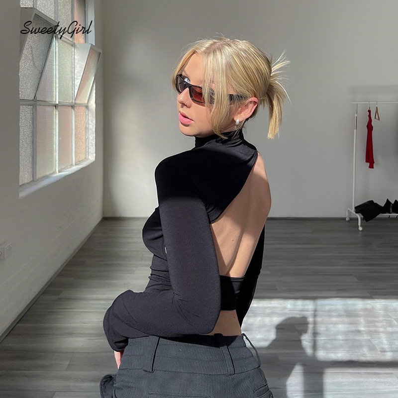 Áo Thun Tay Dài Cổ Lọ Màu Đen Trơn Ôm Dáng Thời Trang 2022 Quyến Rũ Cho Nữ