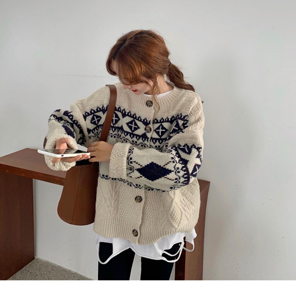 Áo len Cardigan nữ họa tiết phối màu nâu đen phong cách thời trang cá tính dành cho nữ | BigBuy360 - bigbuy360.vn