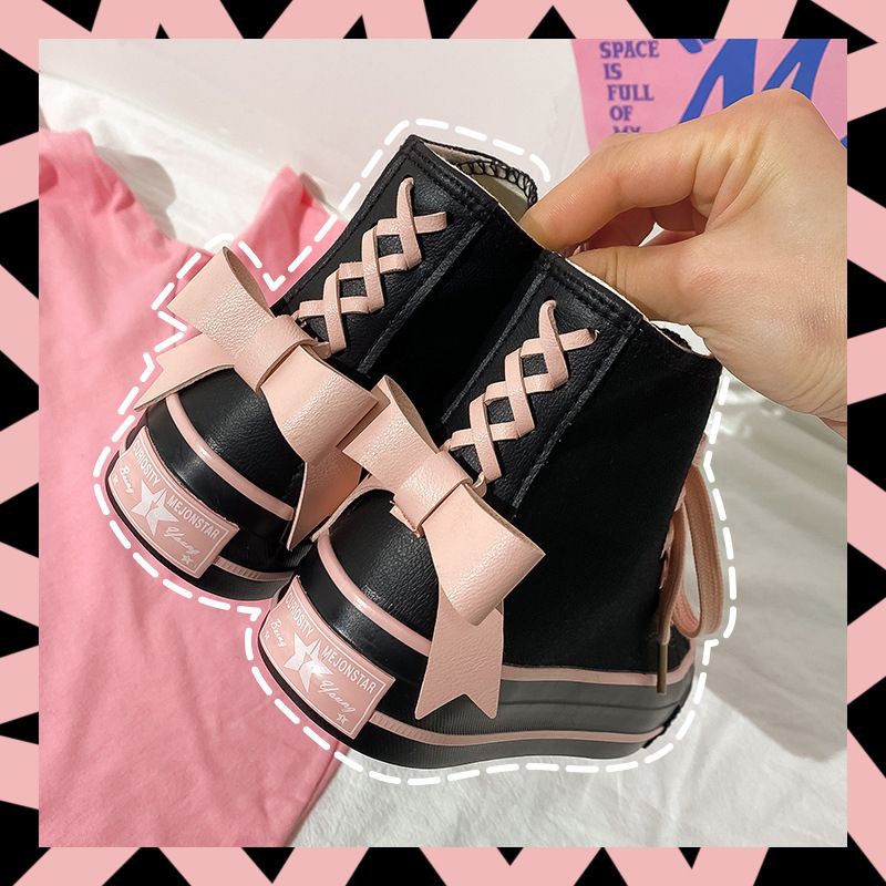 (G2) Giày Sneaker Lolita cao cổ đan nơ hồng loại đẹp màu đen