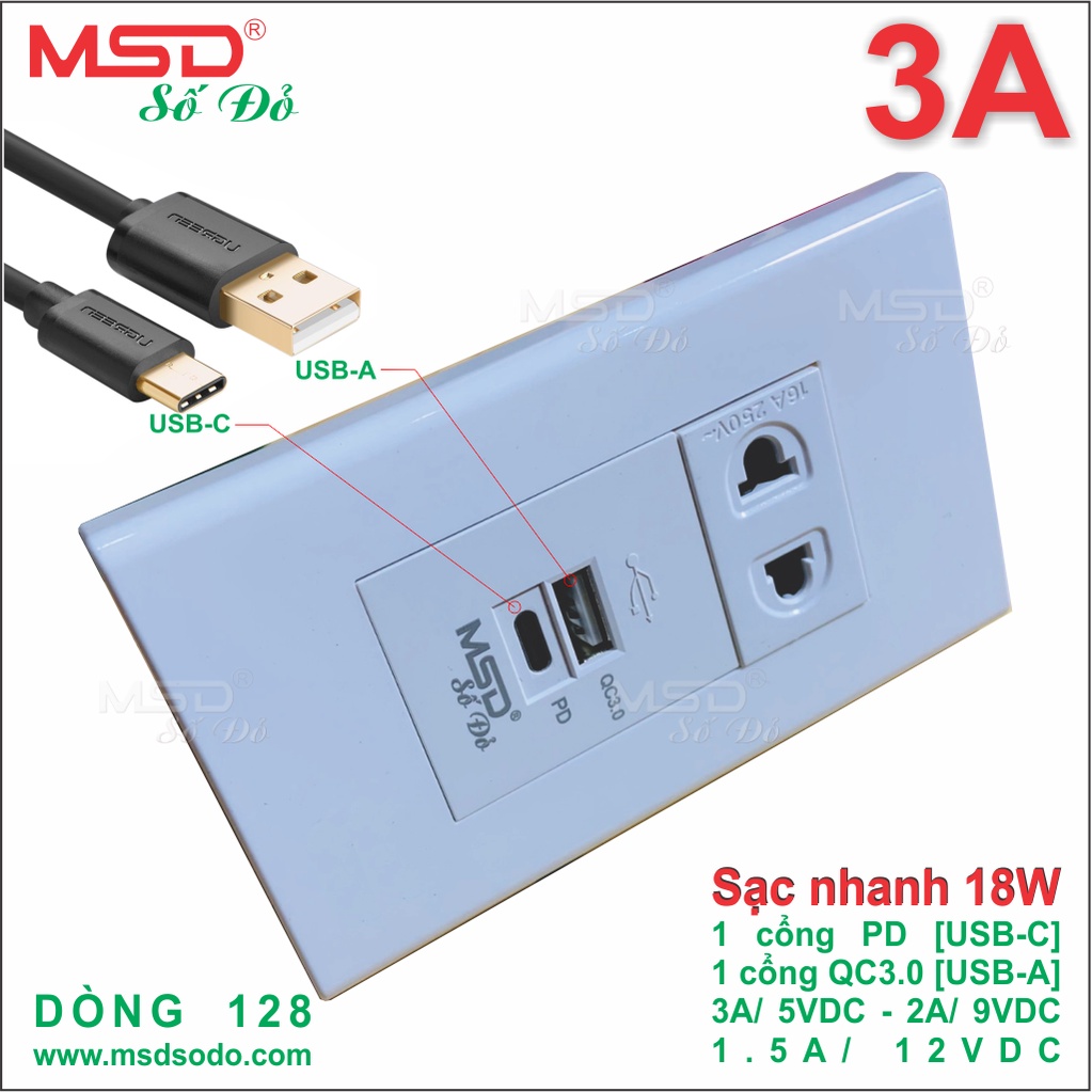 SẠC NHANH 18W ÂM TƯỜNG - PD 3A/5VDC - QC3.0 2.4A/5VDC - 1 Ổ CẮM 2P - MSD128