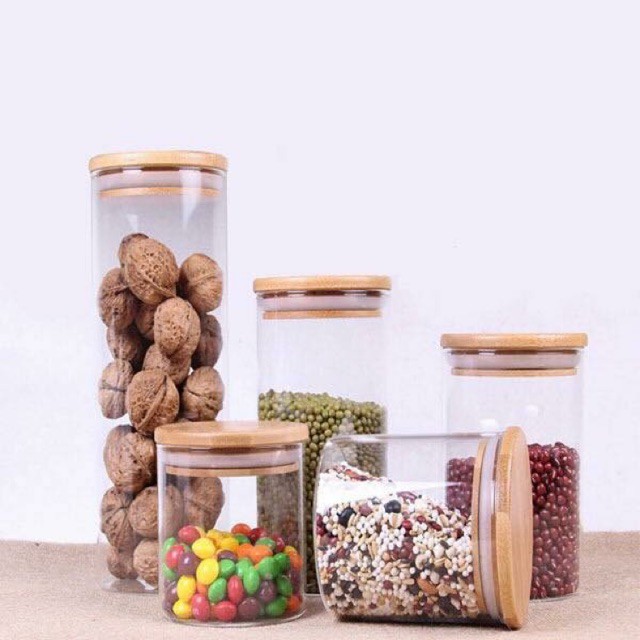hũ thủy tinh có nắp đậy gỗ bảo quản thức ăn gia vị hương liệu