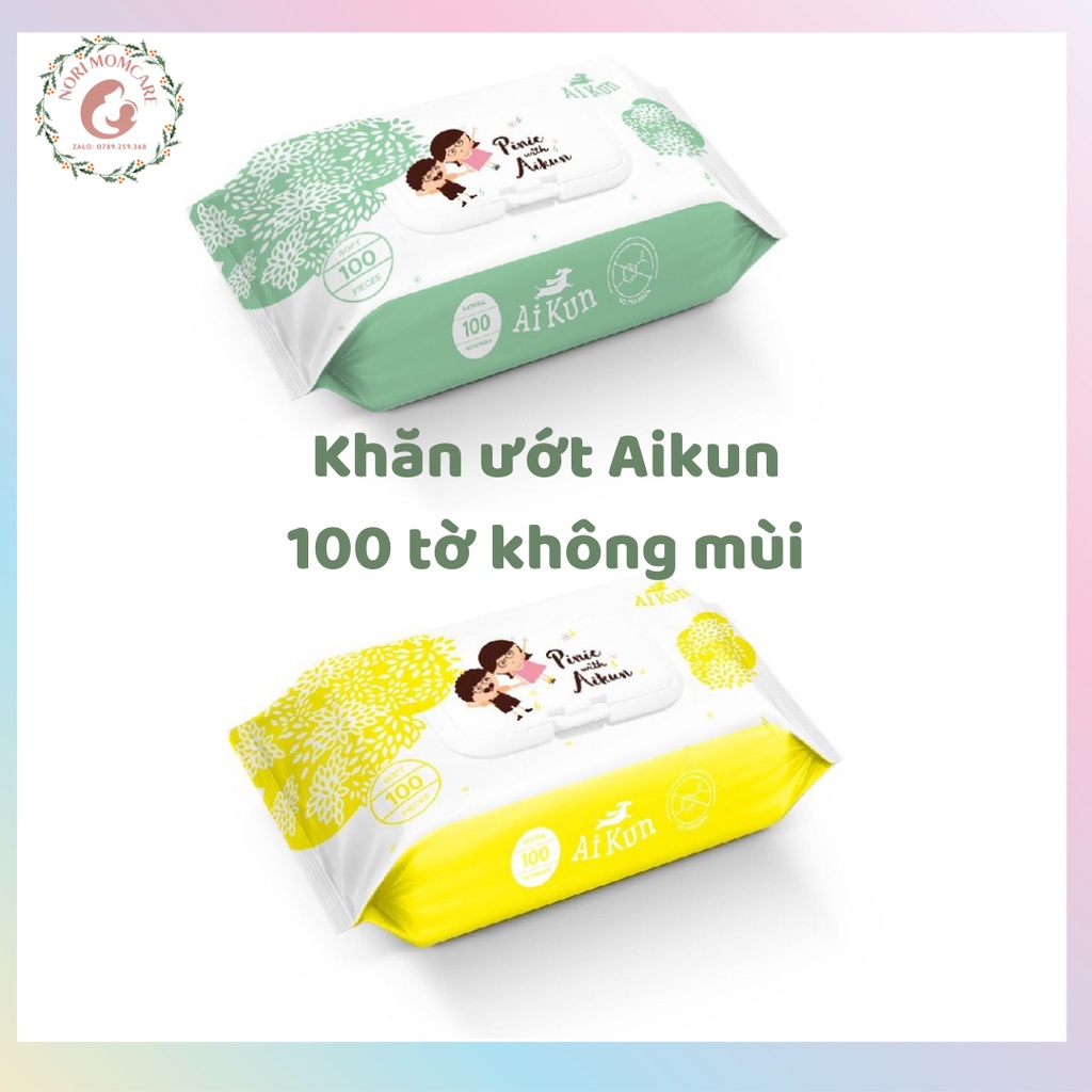 Khăn ướt Aikun kháng khuẩn 100 tờ không mùi vải bi màu xanh