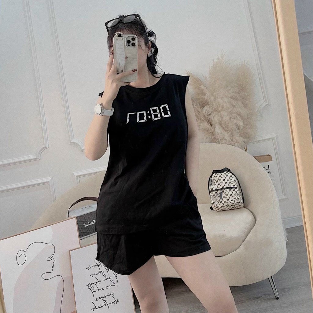 Đồ bộ nữa sát nách logo in mới về chất thin cotton co giãn thoáng mát freesize dưới 65kg