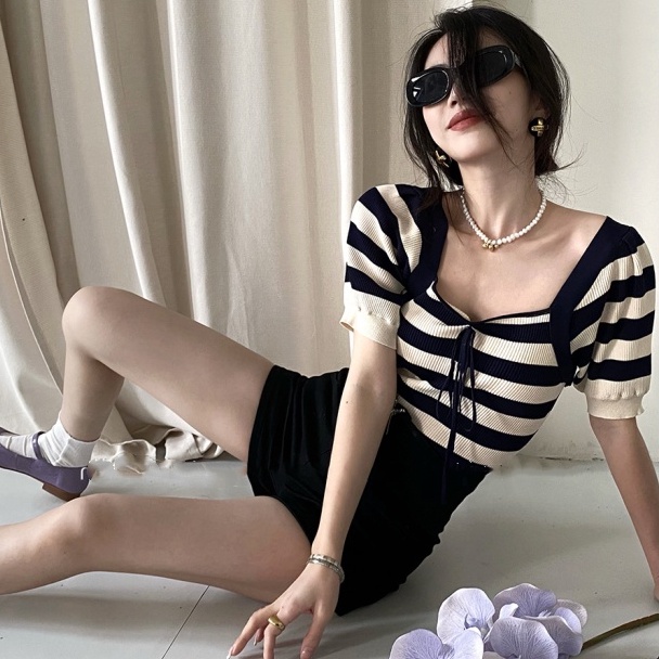 Áo dệt kim ZHELIHANGFEI ngắn tay cổ vuông kẻ sọc phối dây buộc thời trang trẻ trung