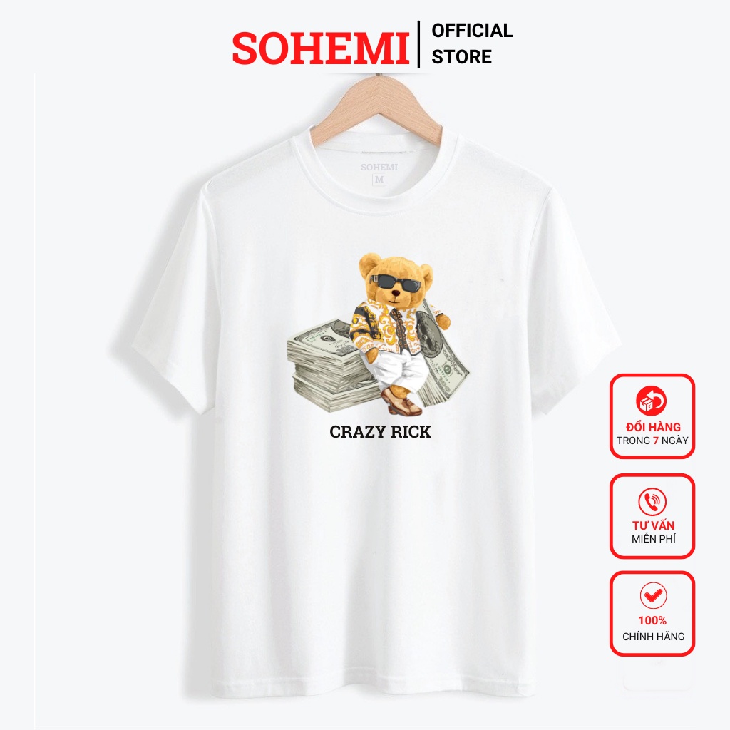 Áo thun nam SOHEMI họa tiết gấu DOLLAR màu đen trắng cổ tròn vải cao cấp co giãn 4 chiều
