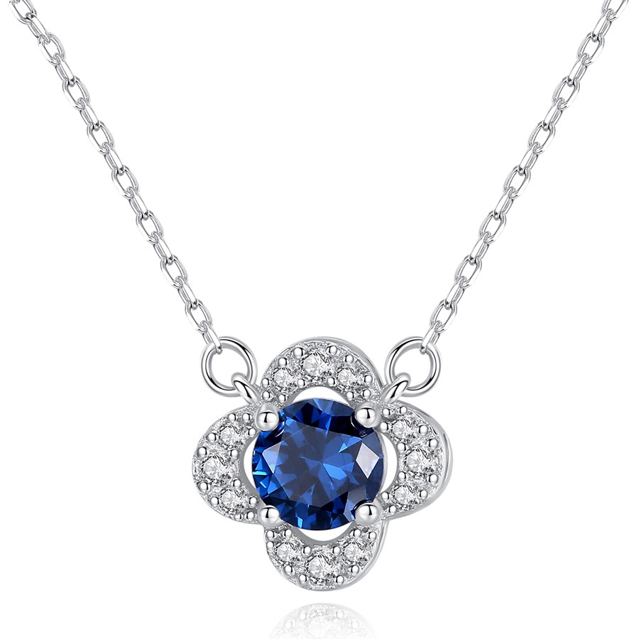 Vòng Cổ Silver Nữ S925 Bạc Ý Hình Hoa Bốn Cánh Đính Đá Màu Xanh Lam DB-2394- Bảo Ngọc Jewelry