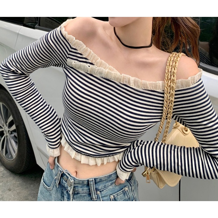 Áo Thun Tay Dài Trễ Vai Họa Tiết Kẻ Sọc Thiết Kế Mới Thời Trang Mùa Thu Quyến Rũ Cho Nữ