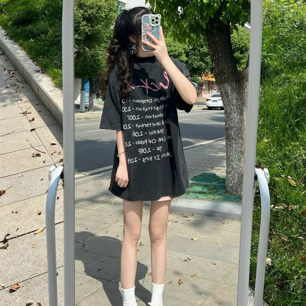 Jiashucheng Áo Thun Nữ Ngắn Tay Dáng Rộng Phong Cách Retro