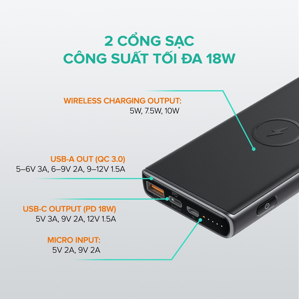 Pin Dự Phòng Kiêm Sạc Không Dây 10W AUKEY PB-Y32 10.000mAh, Sạc Nhanh PD 18W, QC 3.0