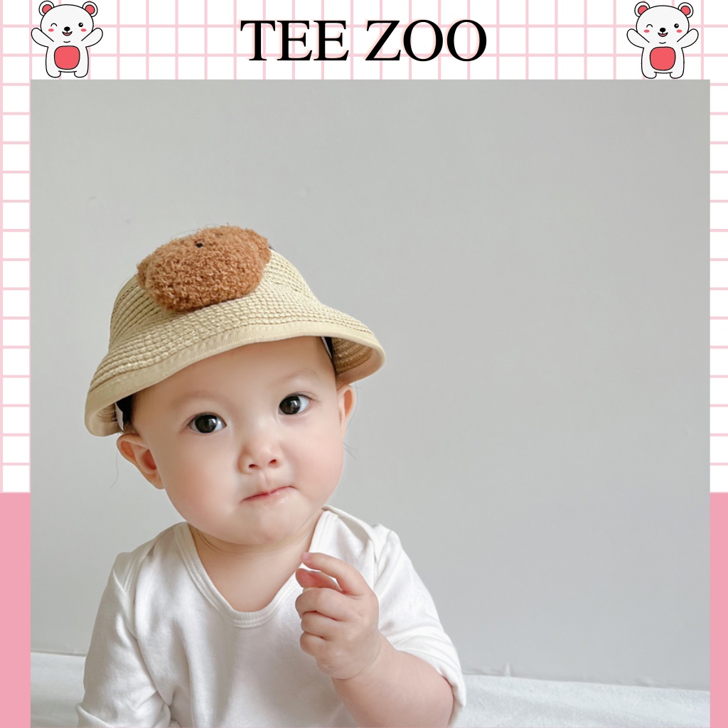 Mũ cói nửa đầu đính gấu bông xù đáng yêu cho bé từ 6m đến 7y ( có quai dán diều chỉnh theo vòng đầu) MH109 Teezoo