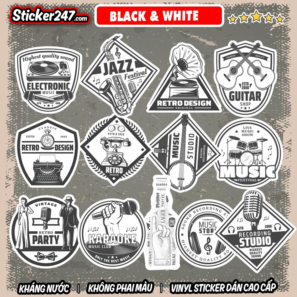 Sticker Trắng Đen Labels Retro 𝑭𝒓𝒆𝒆𝒔𝒉𝒊𝒑 chống nước, sticker dán laptop, điện thoại, đàn guitar, mũ bảo hiểm, vali, ipad