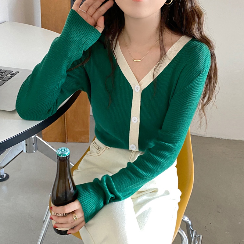 Áo khoác cardigan Pure Cube dài tay cổ chữ V màu sắc tương phản phong cách Hàn Quốc cho nữ