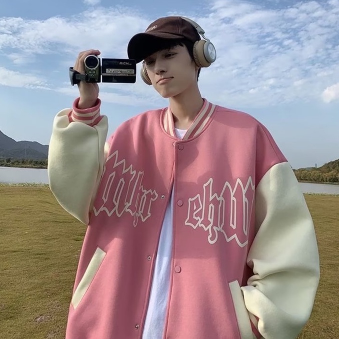 Áo Khoác Bóng Chày Dáng Rộng Màu Xanh Lá Cho Nam