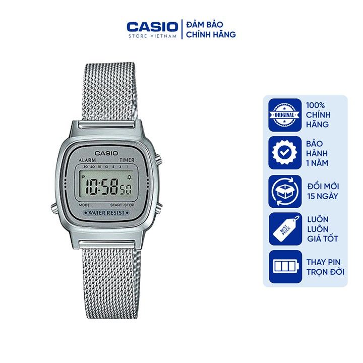 Đồng hồ Nữ Casio LA670WEM-7EF, đồng hồ chính hãng, bạc full dây mesh