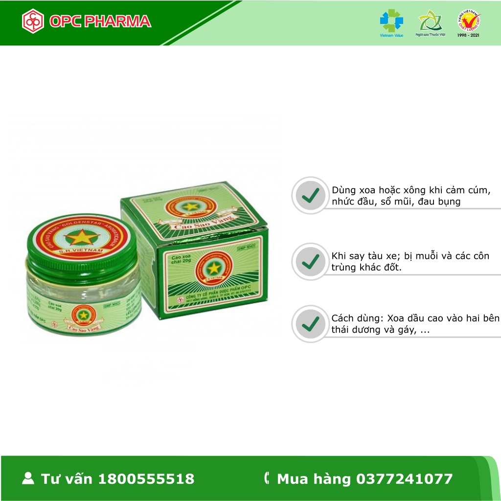 CAO SAO VÀNG  -Dùng khi nhức đầu, sổ mũi, đau bụng, say tàu xe, côn trùng đốt - Hàng chính hãng OPC