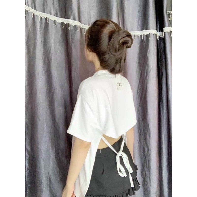 áo thun form rộng kiểu tà trước dài tà sau ngắn phối buộc dây lưng cá tính áo 3/4