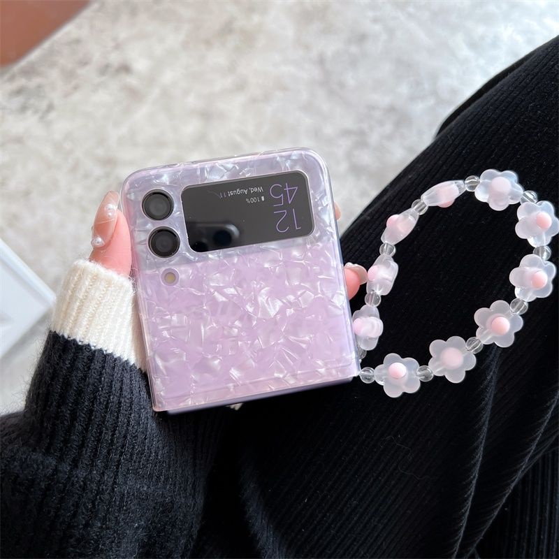 Ốp Samsung Z Flip 4 - ZFlip3 - Z Flip4 - Flip3 5G vân đá lấp lánh kèm dây đeo hạt hoa acrylic dễ thương