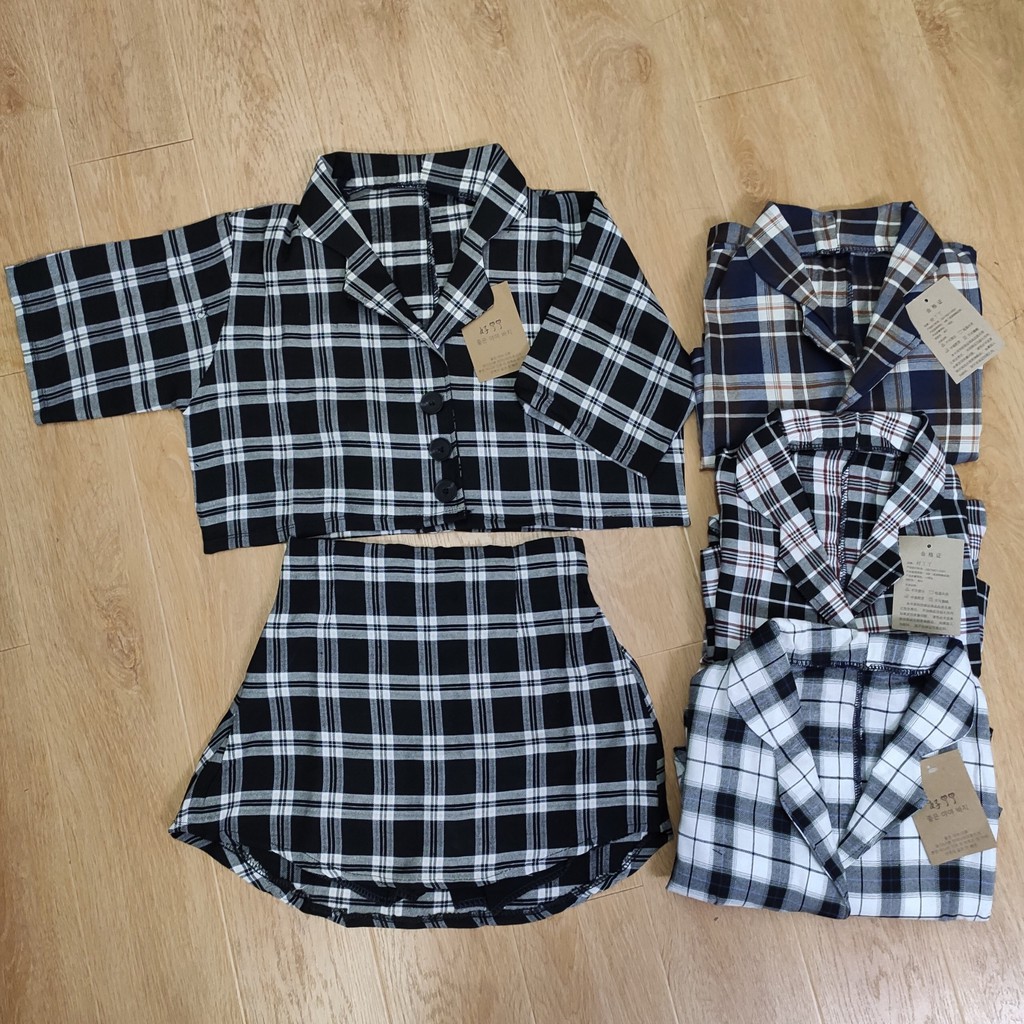 (độc lạ) SET CROPTOP ÁO VEST KẺ + QUẦN VÁY NỮ KHOÁ KÉO 4 MÀU - SET VEST CARO ÁO CROPTOP CÚC CÀI KẺ MIX CHÂN VÁY CHỮ A