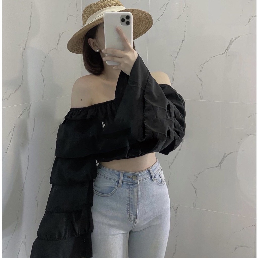 Áo Croptop Trễ Vai RANSHI Áo Bánh Bèo Hở Vai Ống Tay Dạng Loe Thiết Kế Mới Lạ Siêu Xinh Xắn Hấp Dẫn - RA060