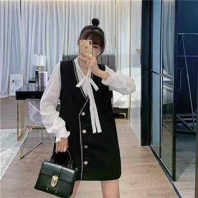 Váy vest đen dáng suông + áo sơ mi cổ nơ cho mẹ bầu - 003 (có ảnh thật)