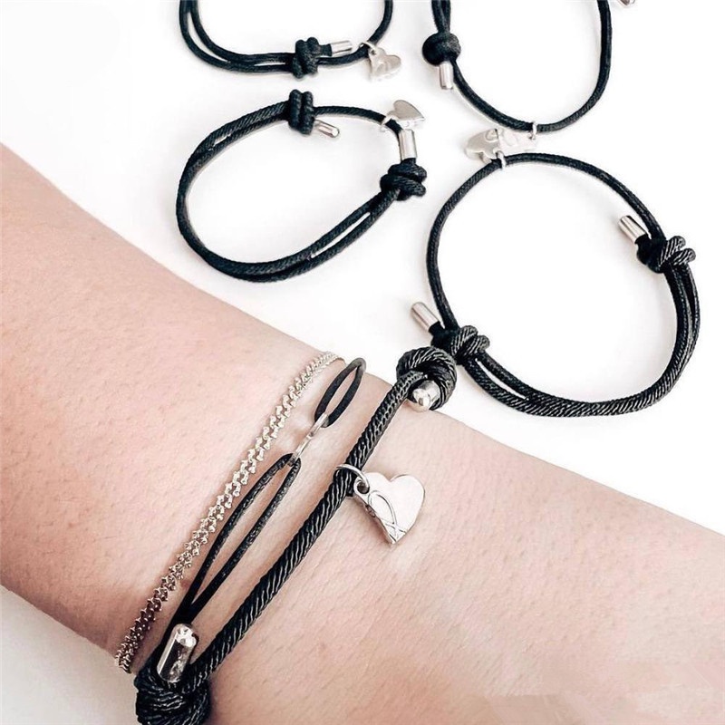 Set 4 Vòng Tay Bện Dây Gắn Mặt Hình Trái Tim Hít Nam Châm Cho Cặp Đôi