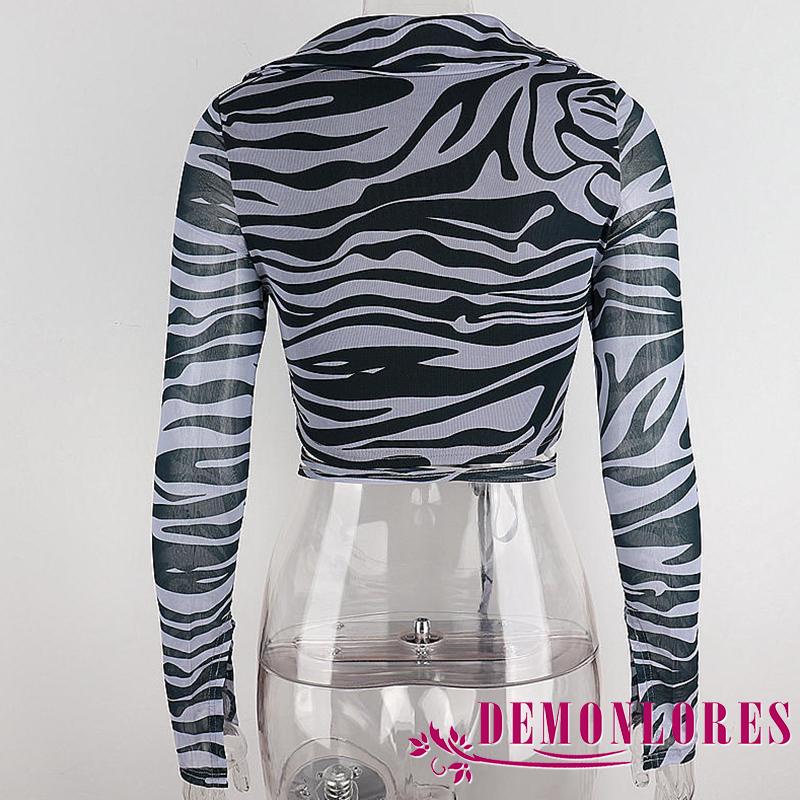 Áo Croptop Tay Dài Cổ Chữ U In Họa Tiết Ngựa Vằn Thời Trang Xuân Hè Quyến Rũ Cho Nữ