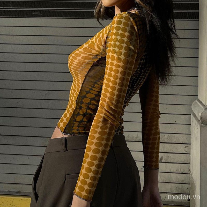 Thời Trang Áo Thun Tay Dài Cổ Tròn Hoạ Tiết Chấm Bi Cho Phái Nữ