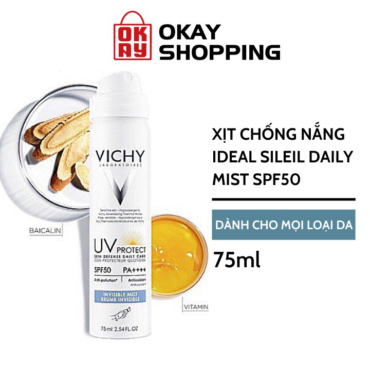 Xịt chống nắng chống ô nhiễm Vichy UV Protect Invisible Mist SPF50 PA++++ 75ml | BigBuy360 - bigbuy360.vn