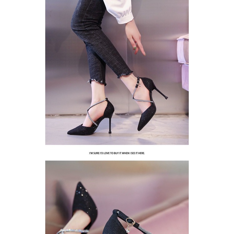 Giày Cao Gót Sandal Mũi Nhọn Đính Đá Lấp Lánh Phong Cách Mới 2021 Cho Nữ
