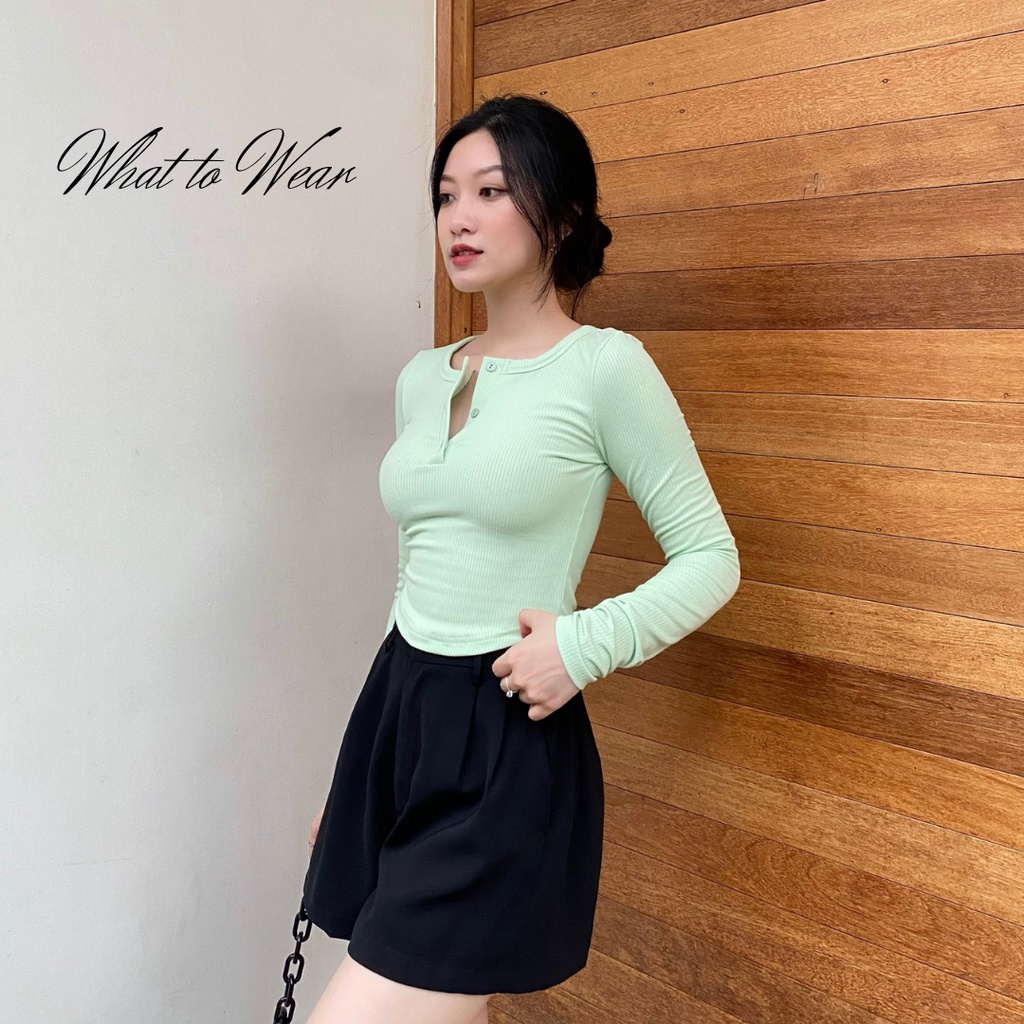 Áo croptop tay dài thun gân mịn cài nút vạt bầu
