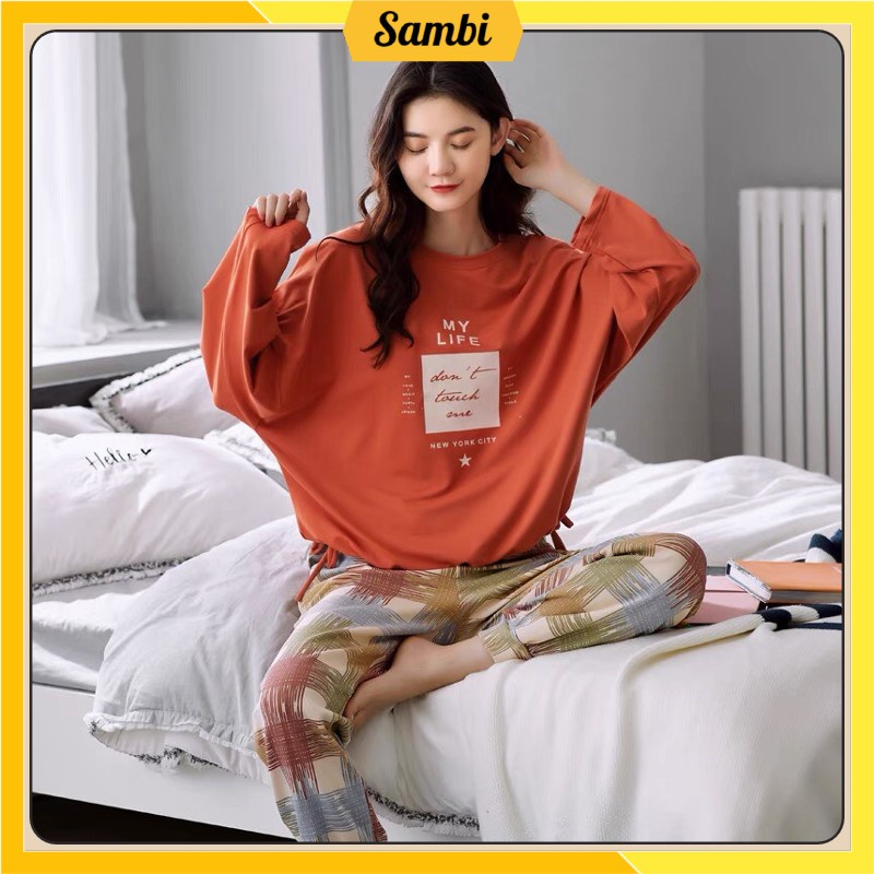 Bộ đồ thu đông nữ Sambi dài tay mặc nhà quần kẻ quần áo ngủ nữ phối hoạ tiết dễ thương | BigBuy360 - bigbuy360.vn