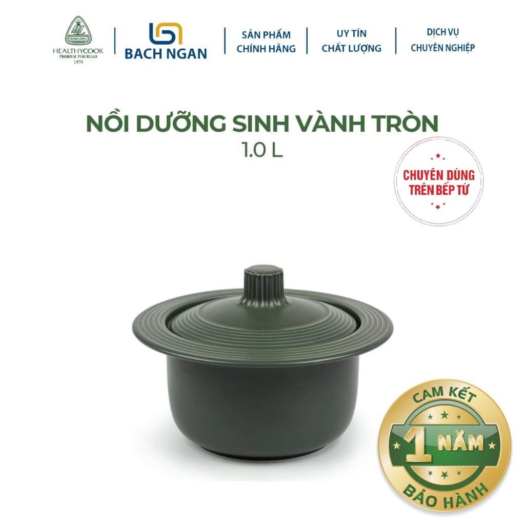 Nồi Sứ Dưỡng Sinh Minh Long Vành Tròn 1.0L dùng cho Bếp Từ có nắp đậy thích hợp kho cá, hầm cháo