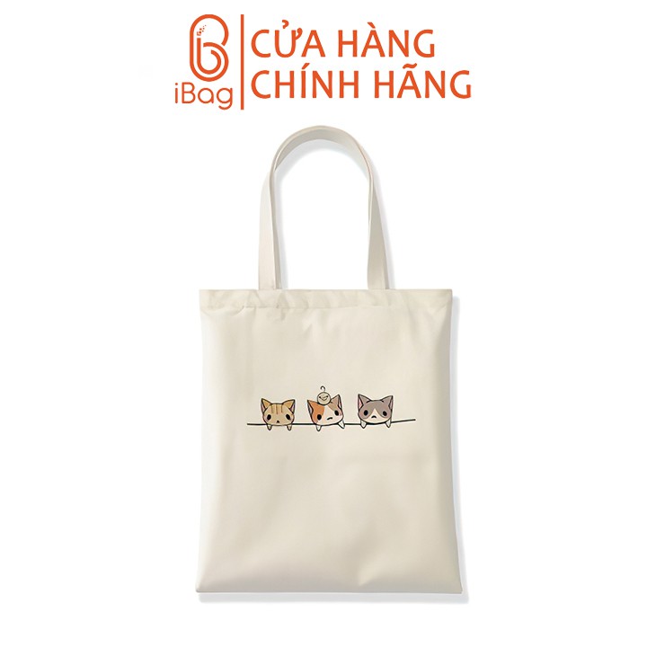 Túi tote vải canvas IBAG nữ phong cách ulzzang dáng unisex in hình 3 con mèo nhỏ N002
