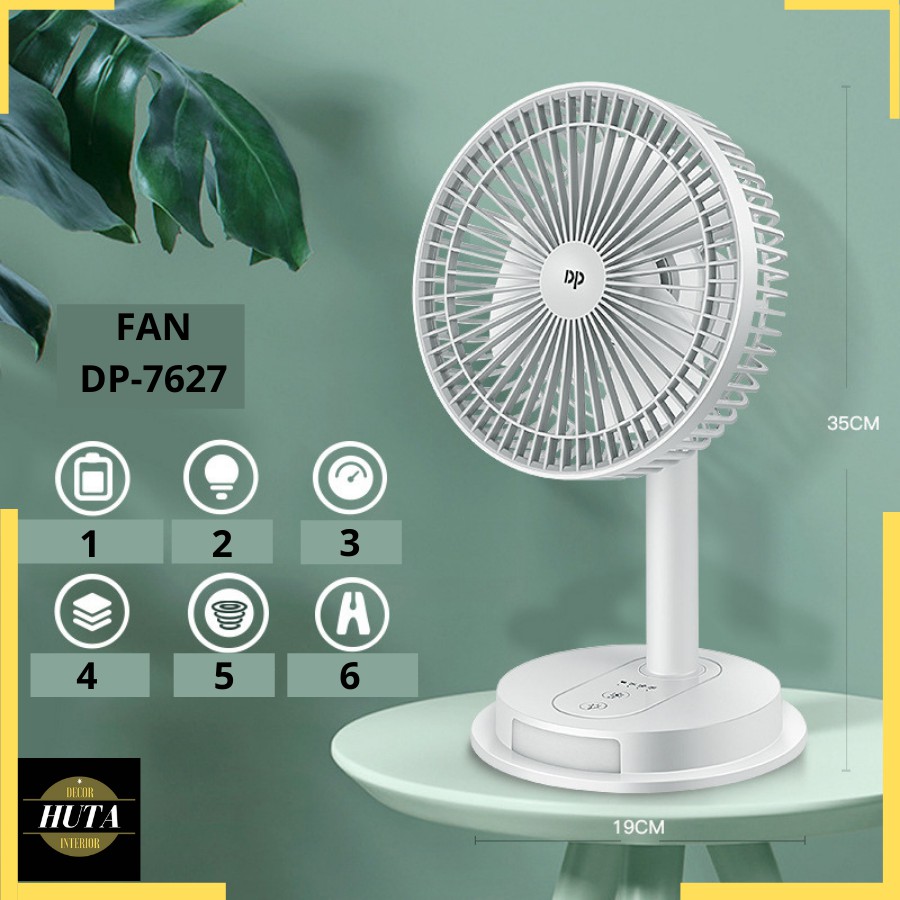 Quạt Tích Điện Pin Sạc MINI Để Bàn Cao Cấp DP 7627, 3 Chế Độ Mát, Có Đèn Phụ - HUTA DECOR