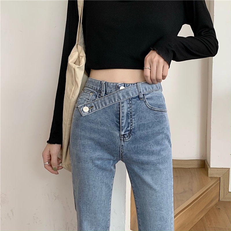 Quần Jeans Nữ Lưng Cao Ống Rộng Xẻ Tà Thời Trang Hàn Quốc Cá Tính