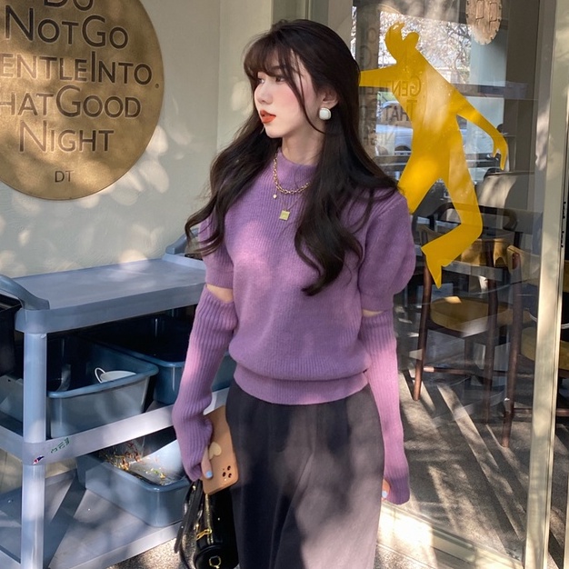 Áo sweater ZHELIHANGFEI dệt kim cổ cao tay phồng thời trang thu đông dành cho nữ