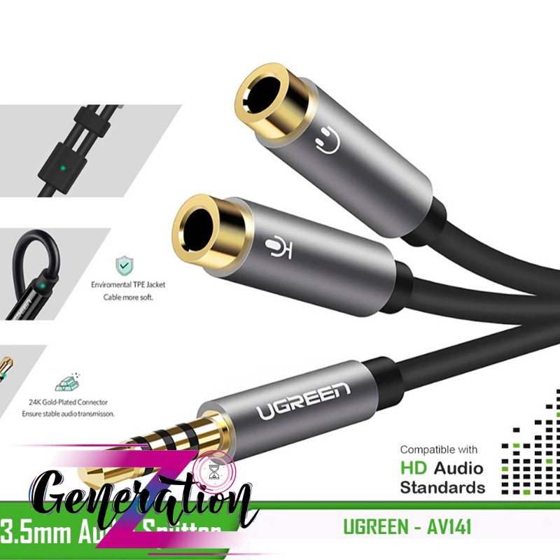 Dây chuyển đổi 3.5mm đực sang hai đầu 3.5mm cái (hỗ trợ MIC và TAI NGHE) Ugreen - Cáp chia Audio 3.5mm ra mic và loa Ugr