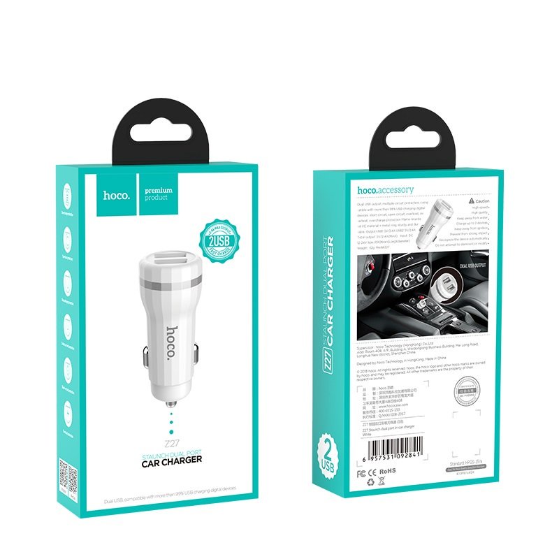 Tẩu ô tô, củ sạc nhanh điện thoại trên xe hơi cao cấp chính hãng HOCO Z23 2.4A 12W 2 cổng USB  Tẩu ô tô