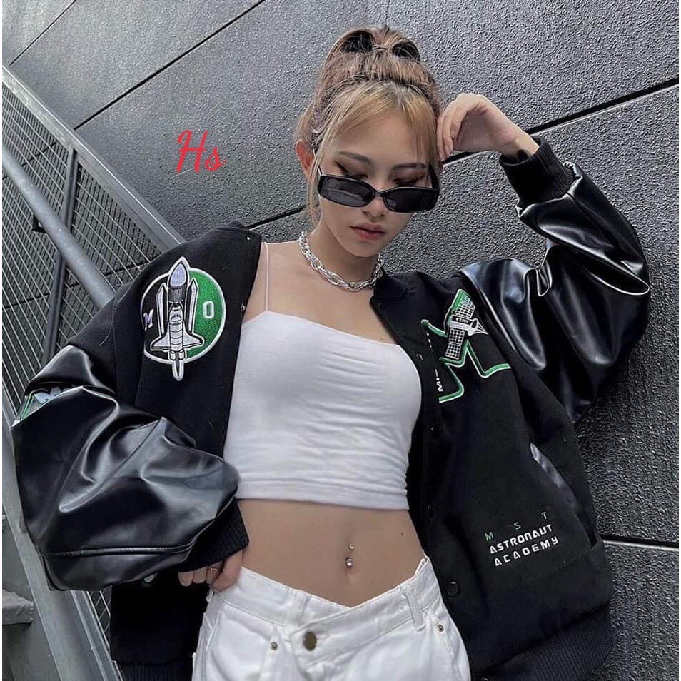 Áo Khoác Nữ, Áo Bomber bóng chày Phối Tay Da Chữ M Hot Hit style Hàn Quốc siêu ngầu | BigBuy360 - bigbuy360.vn