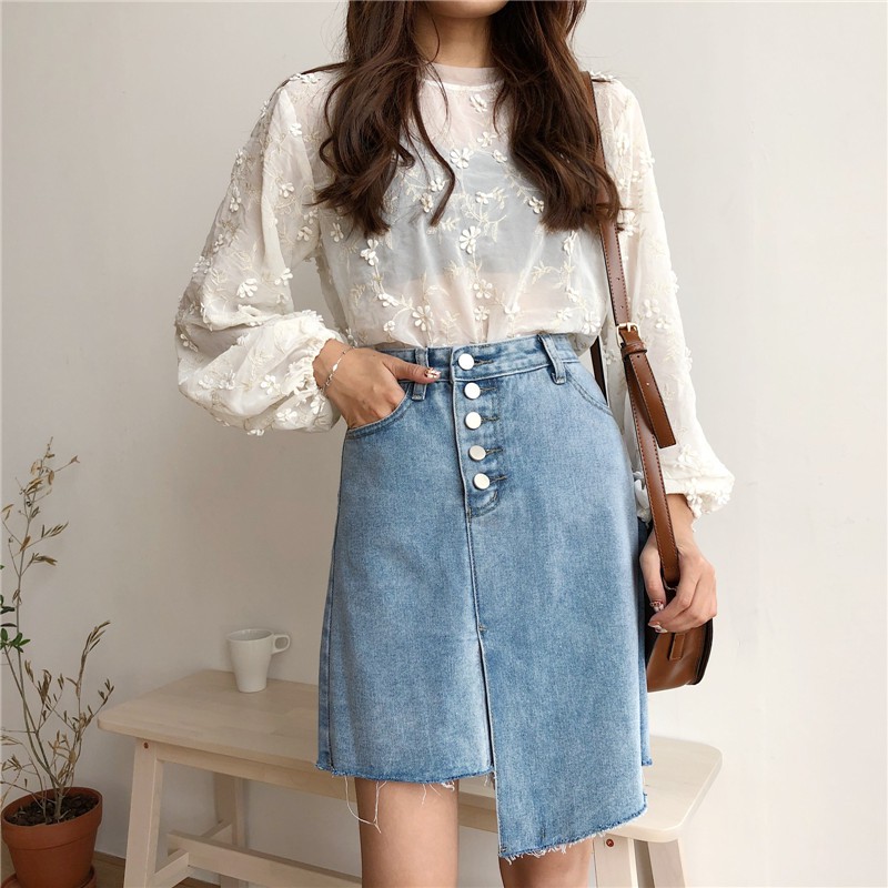 chân váy ulzzang chân váy nữ đẹp chân váy jean bò jeans dài lệch tà chữ A kiểu dáng hàn quốc