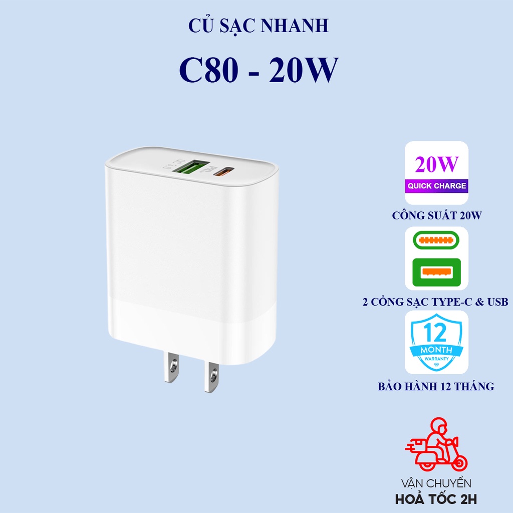 Củ sạc nhanh Hoco C80/C80A-Củ sạc PD 20W có 2 cổng ra USB và Type-C